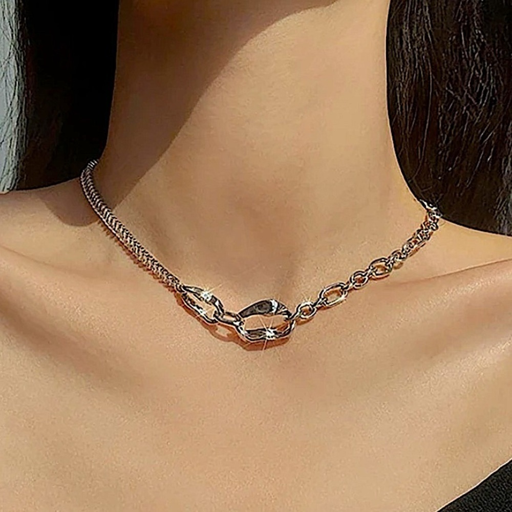 Silver Zircon Chain Link Geometric Irregular Minimalist Necklace